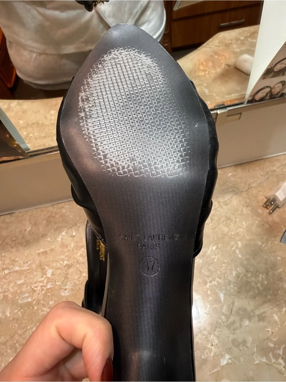 Saint Laurent Black Leather Slide with Gold Logo - Picture 1 of 5